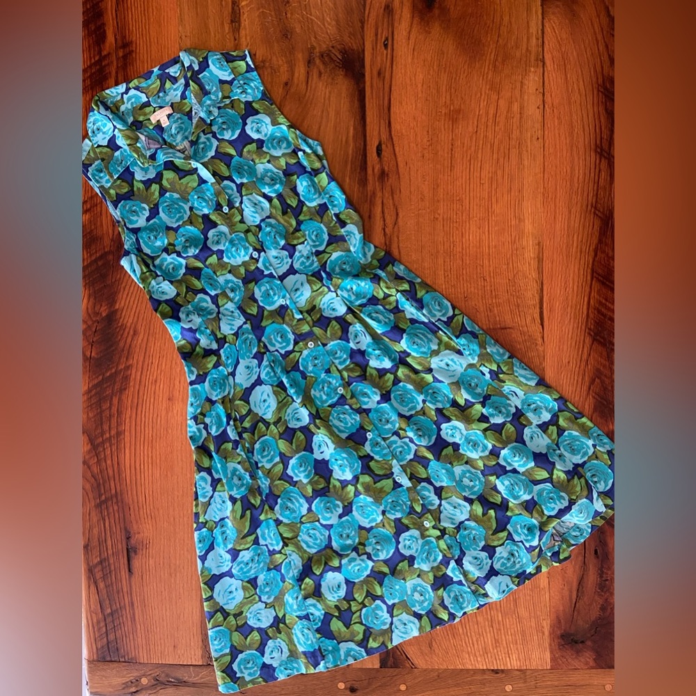 Talbots Outlet Classic Cotton Stretch Blue Floral Sleeveless Dress, Size 4